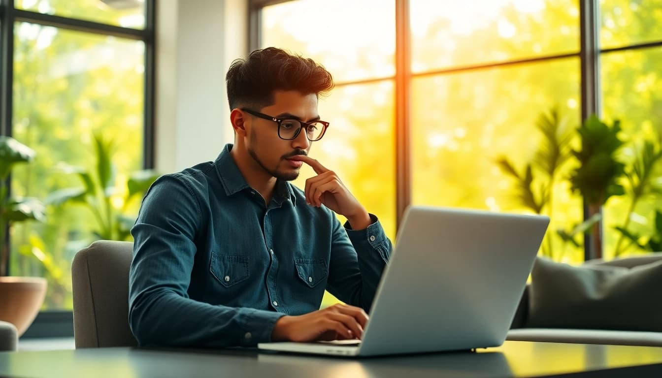 Young adult exploring their ideal career options with a thoughtful expression in an office.