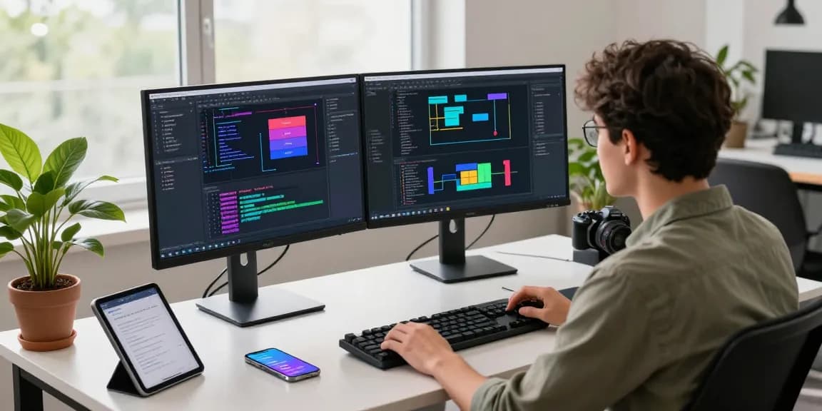 VDS satın al in a professional tech workspace showcasing a developer coding with multiple screens.