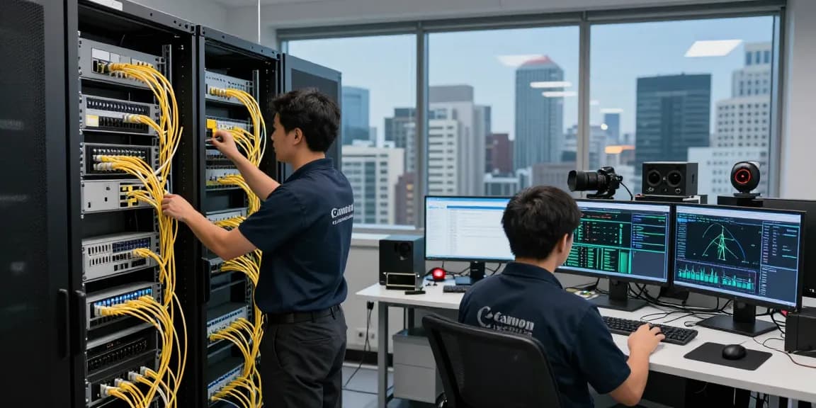 Technicians configuring fiber connectivity in a high-tech data center environment.