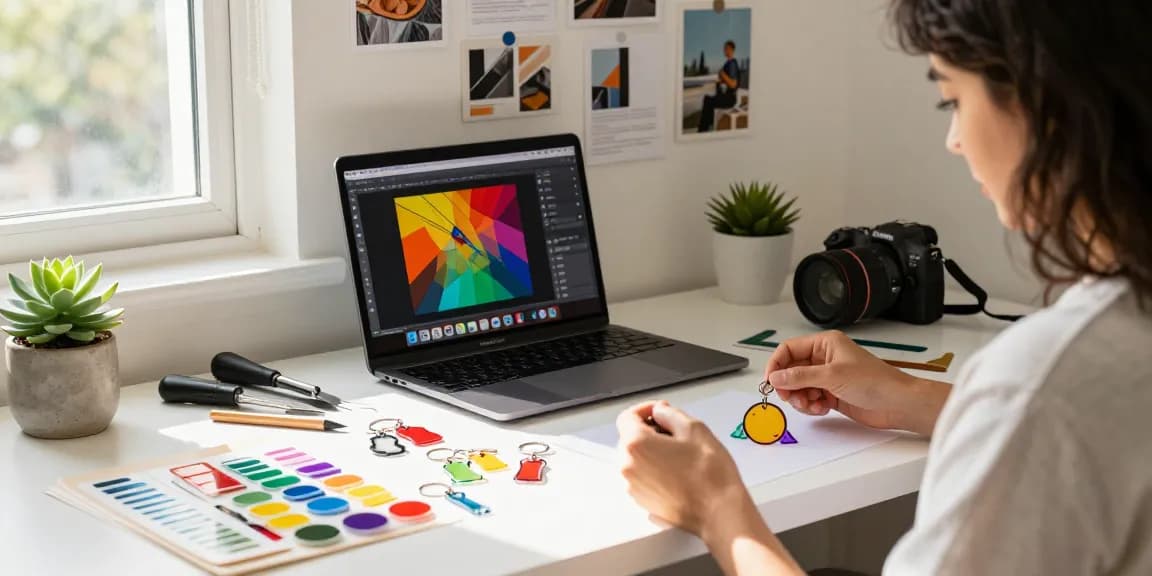 Custom acrylic keychain design process in a vibrant workspace