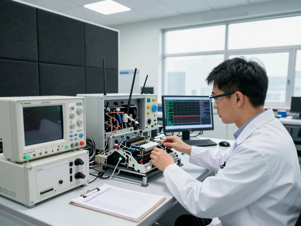 Engineer conducting Automotive EMC testing in advanced lab with high-tech equipment