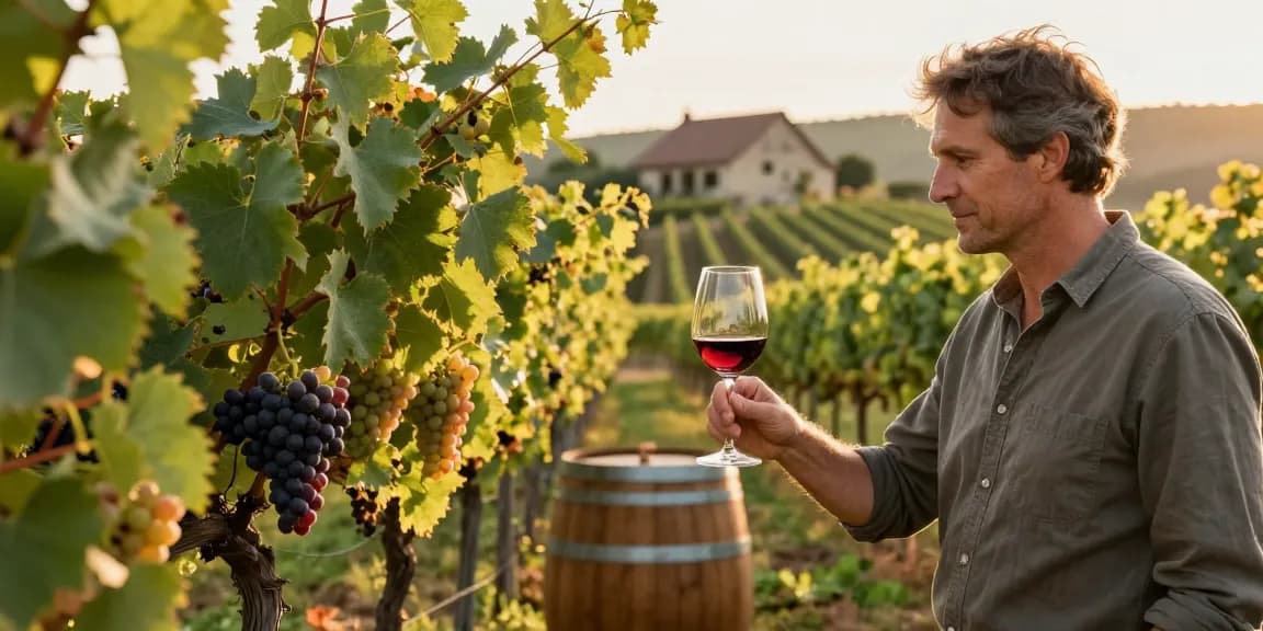 Chattoo wine expert inspecting grapes in a picturesque vineyard.