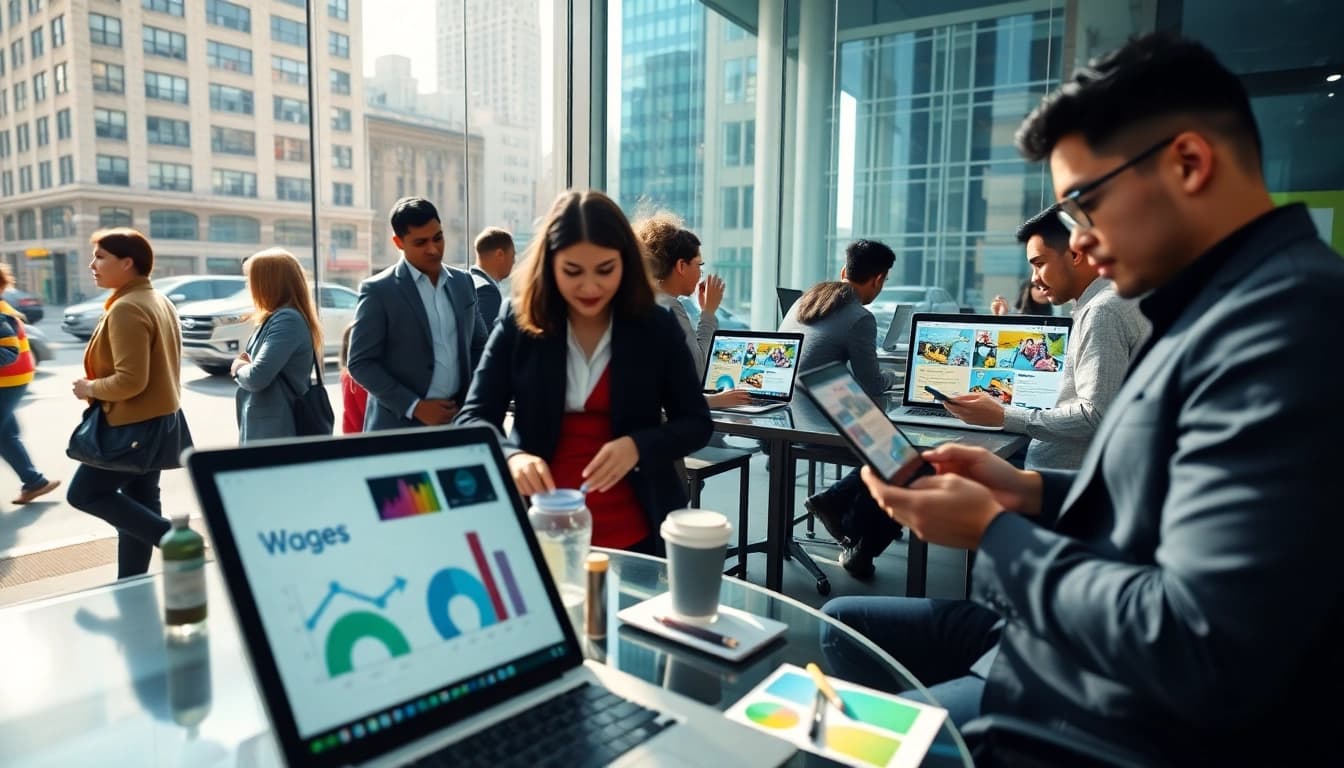 Engaging professionals collaborating on New York web design services with laptops and vibrant branding materials.