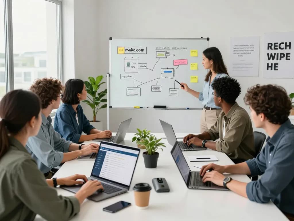 Team collaborating on make.com automation strategies in a bright modern workspace.
