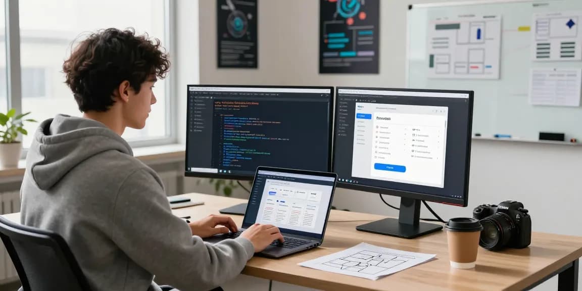 Developing on-demand service booking software at a modern tech workspace with dual monitors and coding tools.