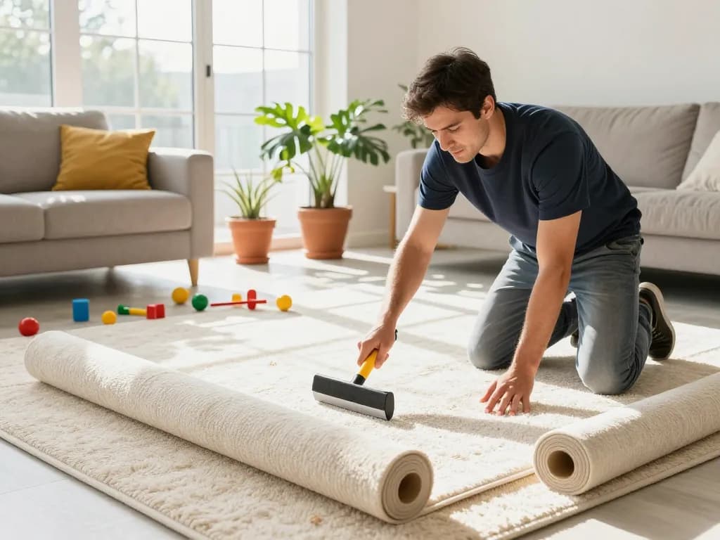 Home carpet fitting services in a bright living room with a professional installing plush carpet.