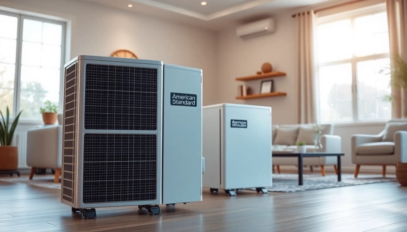 Showcase of american standard heat pumps in a modern living room setting.