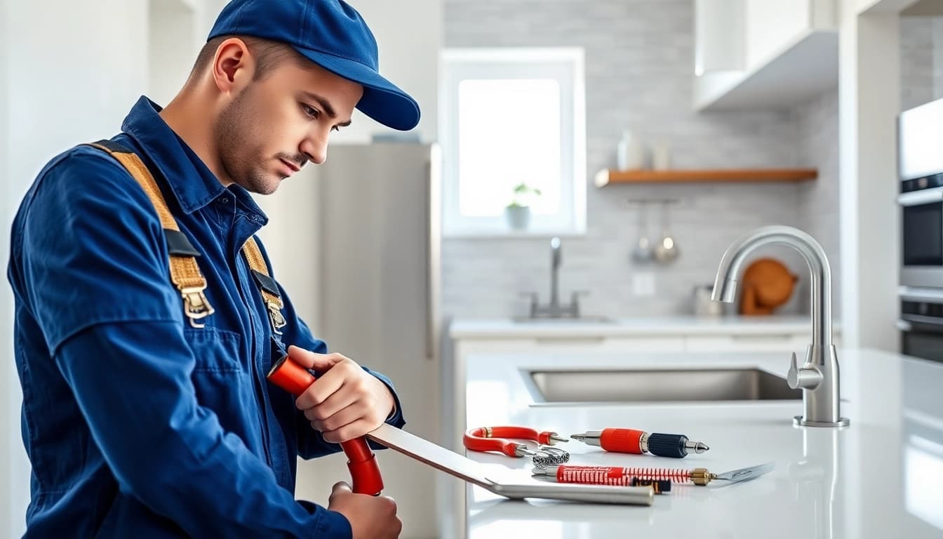 Plumber near me fixing kitchen plumbing with professional tools and bright lighting.
