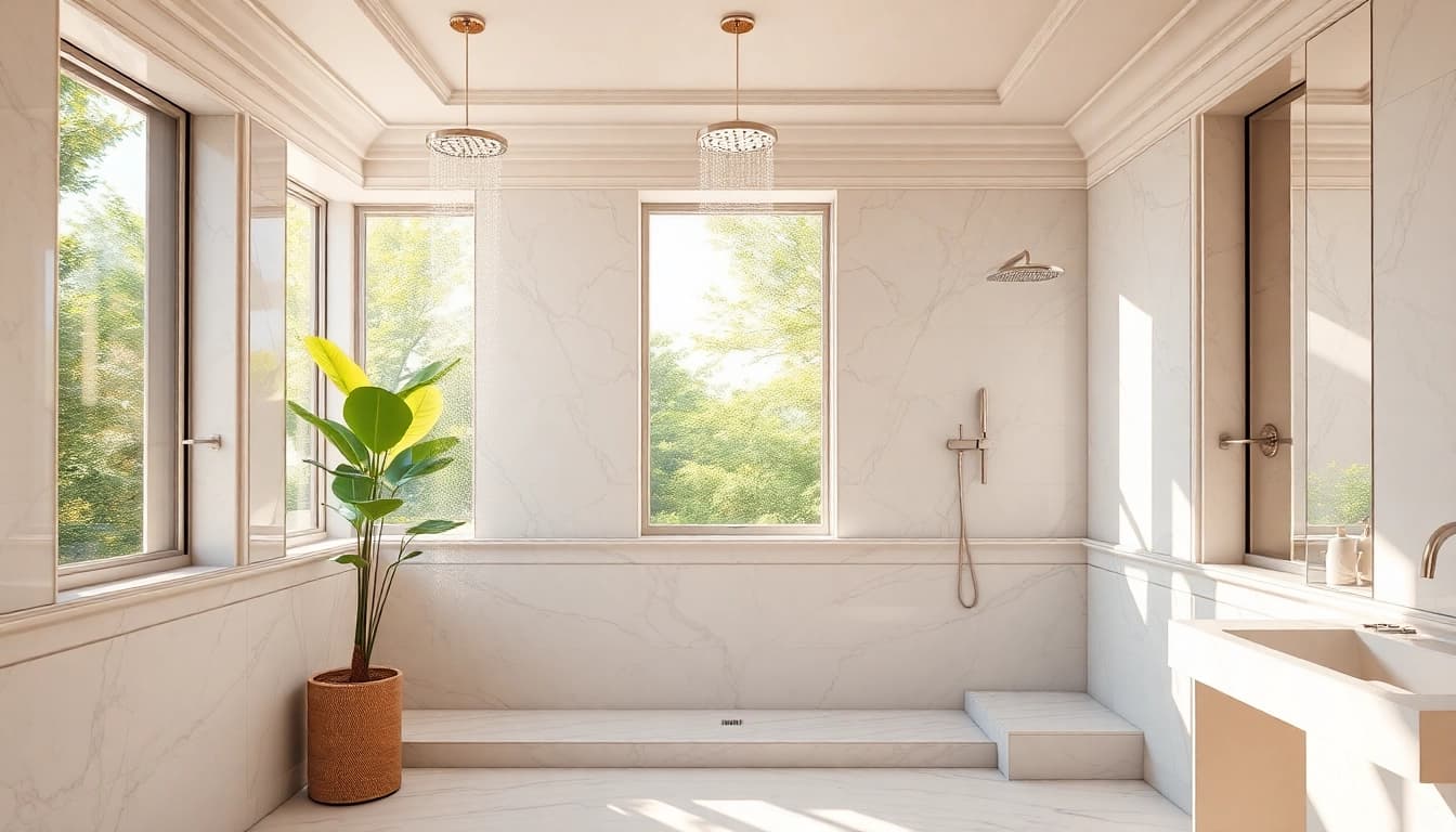 Experience elegant showers au with a stunning bathroom featuring modern luxury and natural light.