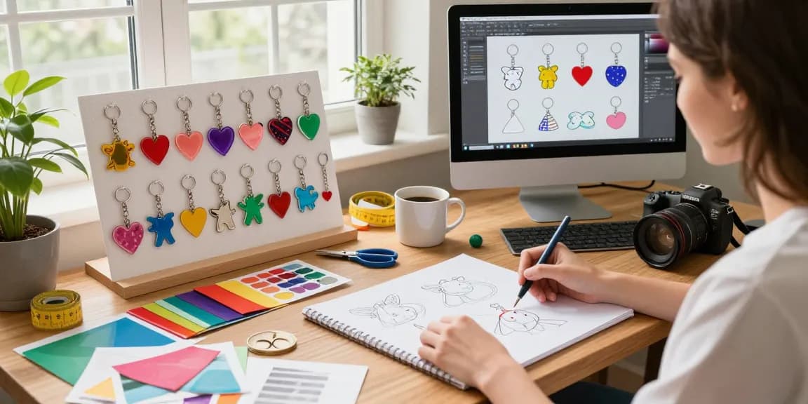 Designer creating custom keychains at a vibrant workspace with acrylic samples.