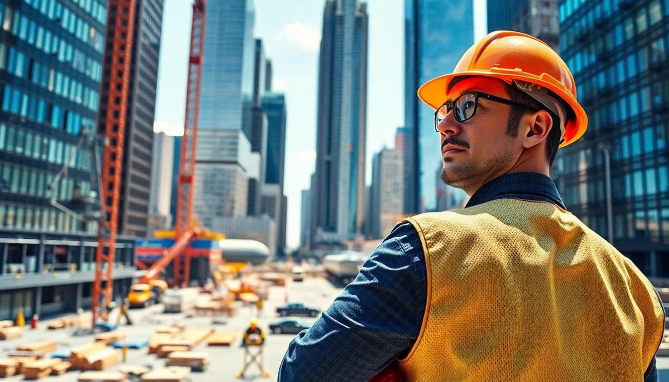 New York City Construction Manager supervising a large urban construction site in vibrant daylight.