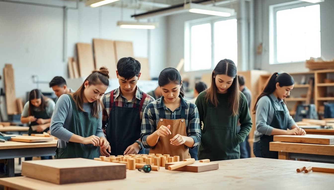 Students collaborating in a trade school classroom setting, showcasing hands-on learning experiences.