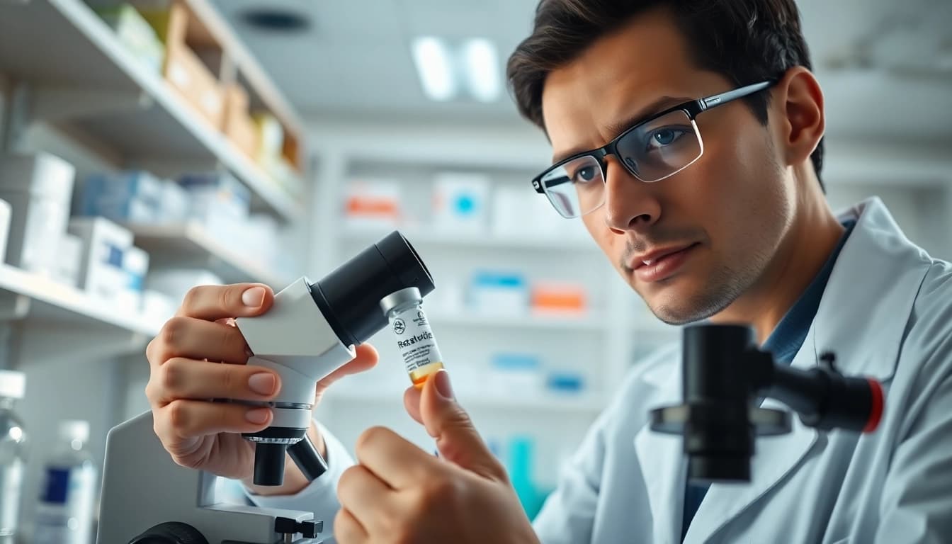 Scientist analyzing Retatrutide in a modern laboratory setting filled with advanced equipment.