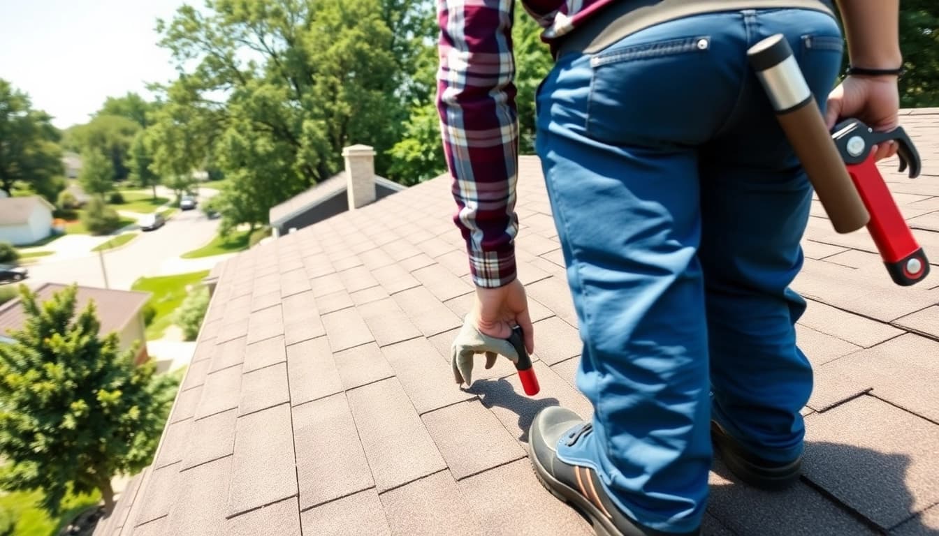Evaluate roofing quality in South Jersey with a contractor examining shingles and flashing details.