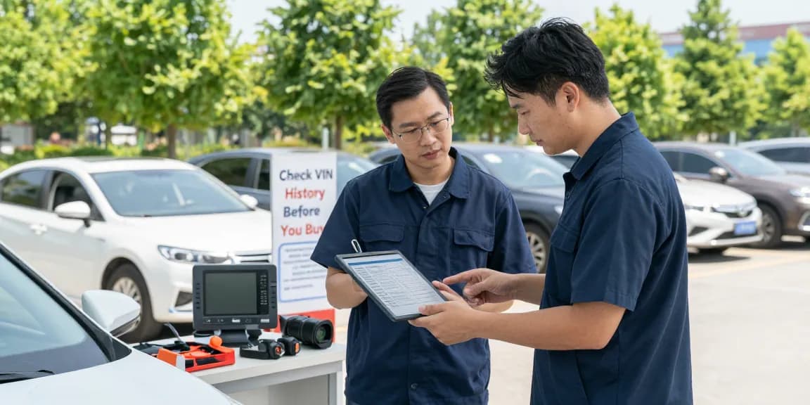 Buyer and mechanic checking a vin check report in a used car lot.