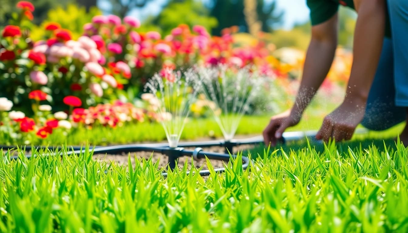 Irrigation system installation Bay Area, showcasing a technician in a vibrant garden setting.