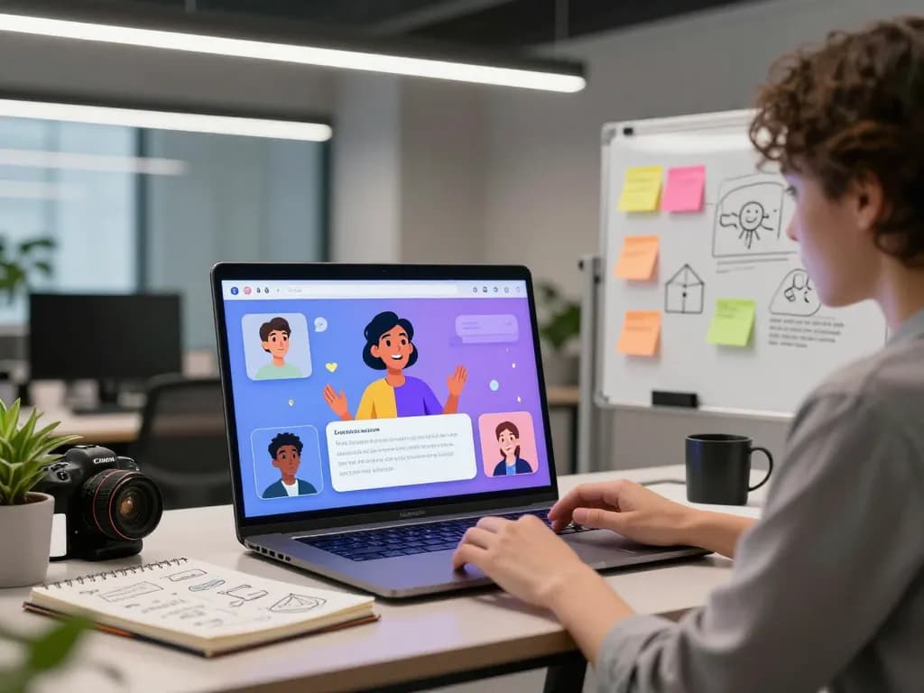 Interactive spicychat AI conversation with diverse avatars in a modern workspace.