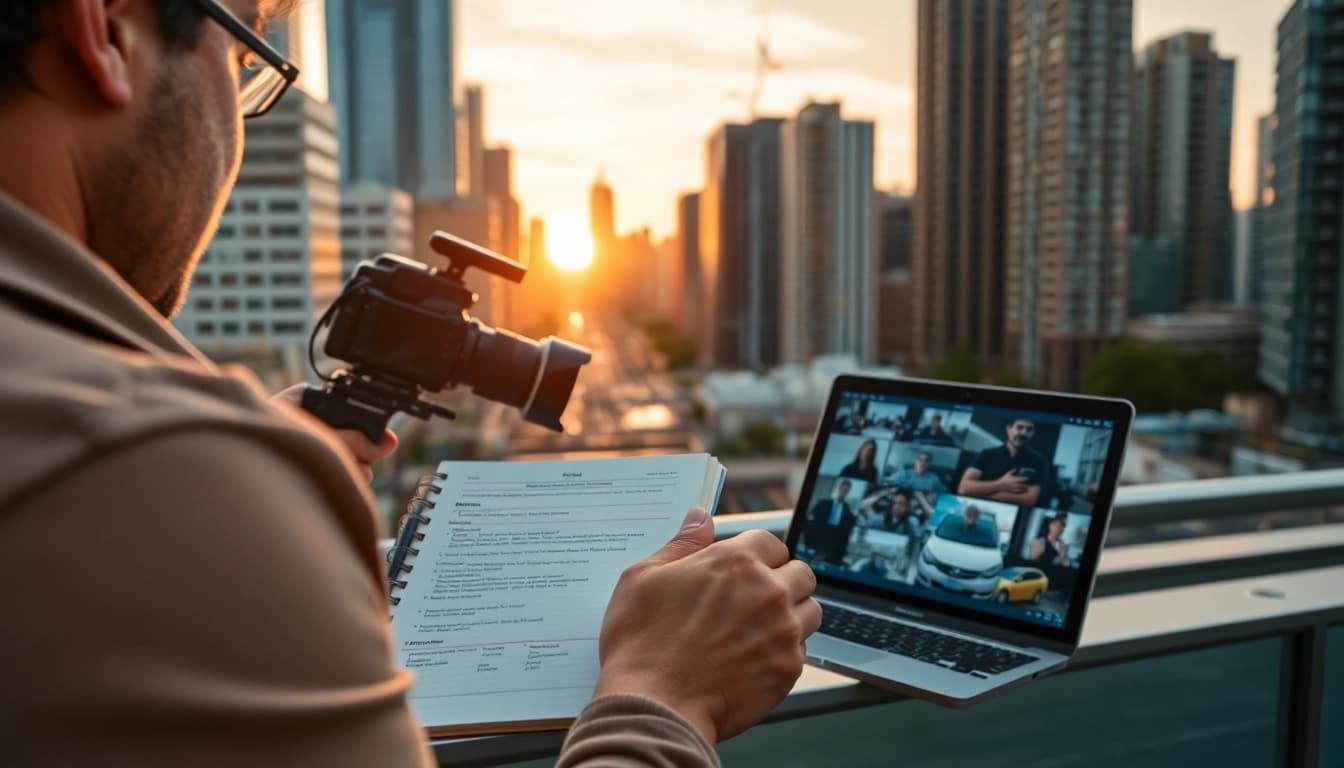 Location scouting videographer analyzing urban sites for video projects.