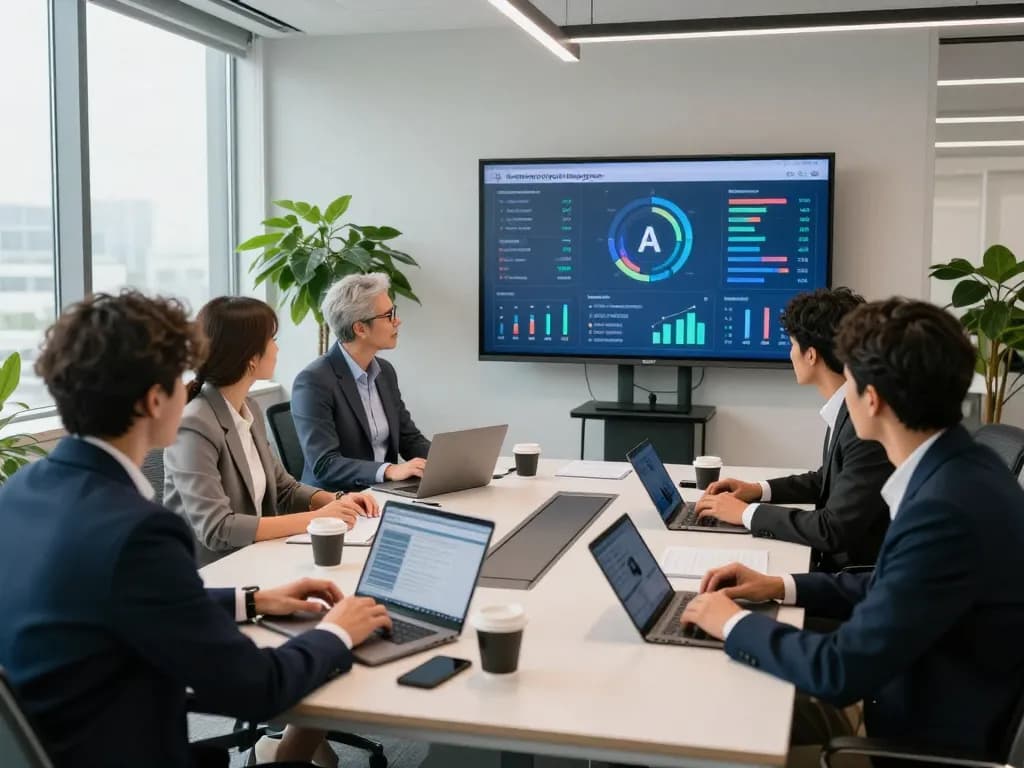 Team discussing ai call handling service analytics in a modern office setting.