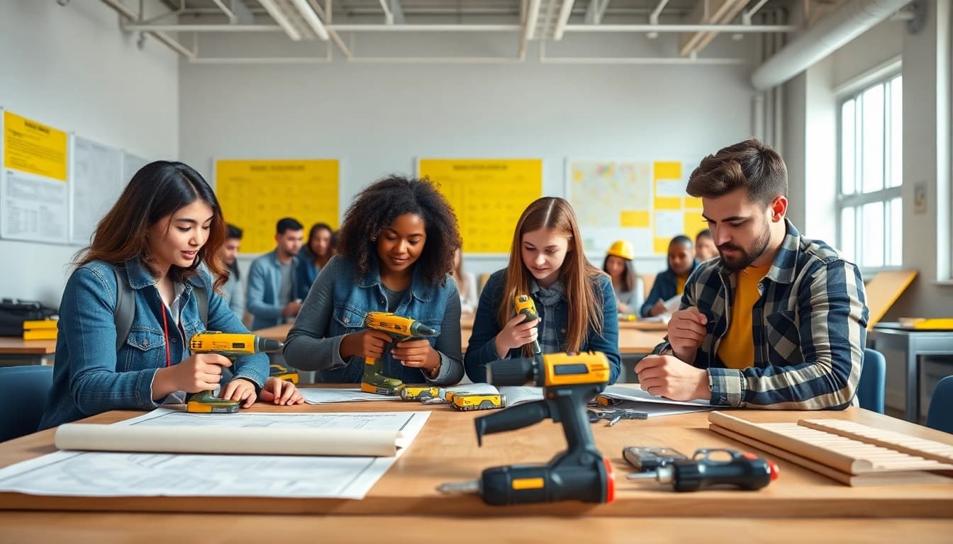 Engaged students attending construction classes in a bright workshop.