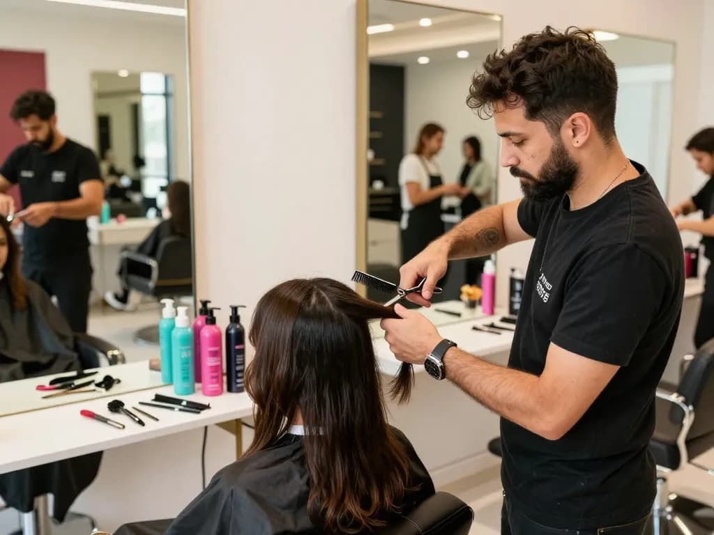 Hairdresser Dubai styling hair in a modern salon environment, showcasing vibrant colors and professional ambiance.