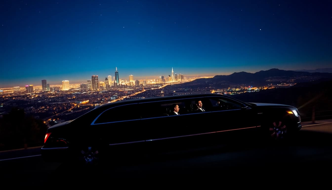 Hollywood Town Car and Limousine in Los Angeles with city skyline at night.