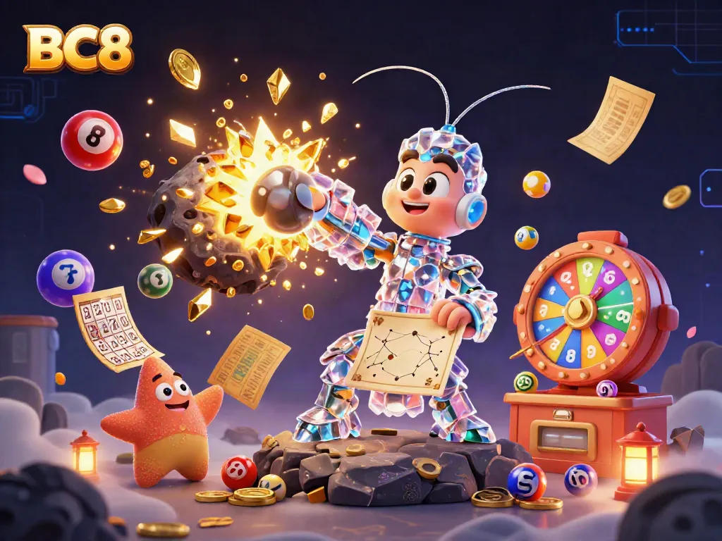 BC8 showcases vibrant lottery balls and a cosmic mantis shrimp in a fantastical gaming world.