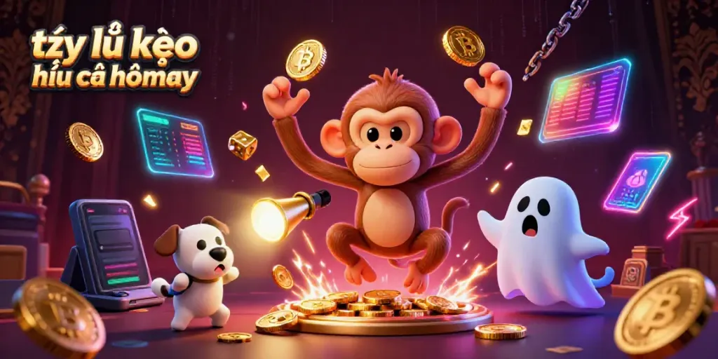 Bet on tỷ lệ kèo nhà cái hôm nay while navigating a haunted casino with a playful monkey and curious puppy.