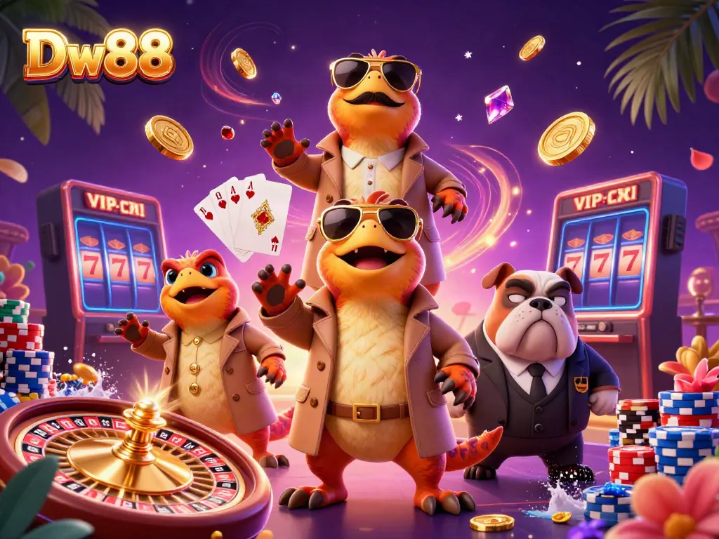 Experience thrilling gameplay at Dw88 with three raptors in disguise at a VIP casino greeting a bouncer.