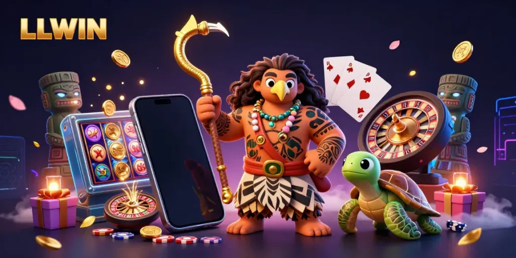 Engage with the vibrant LLWIN gaming scene featuring a demigod hawk character surrounded by dynamic casino elements.