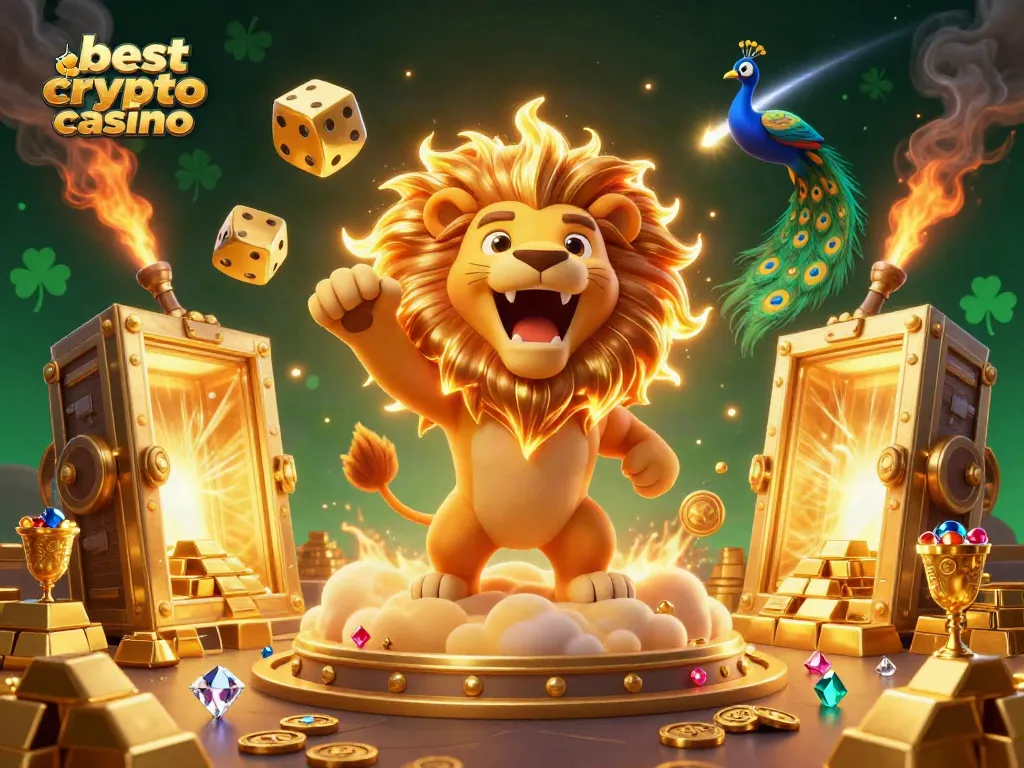 Experience the best crypto casino with a lively 3D scene showcasing a sun lion, golden dice, and treasure.