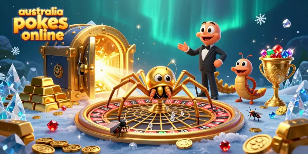 Explore the thrilling australia pokies online action with a golden spider, roulette wheel, and treasures.