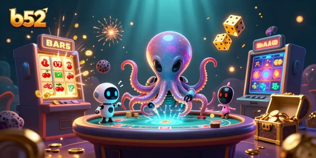Engage with b52's vibrant casino universe through an ultra-detailed 3D illustration featuring an alien octopus at a poker table.