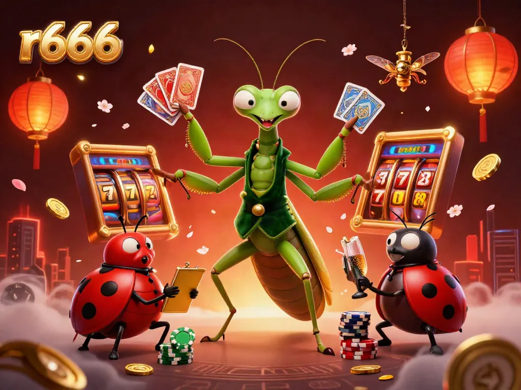 Experience the excitement of r666's online slots with vibrant characters and dynamic casino elements.