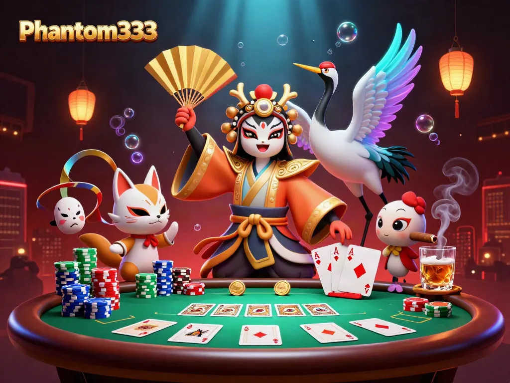 Engage in a thrilling game with Phantom333 at a vivid poker table surrounded by magical elements.