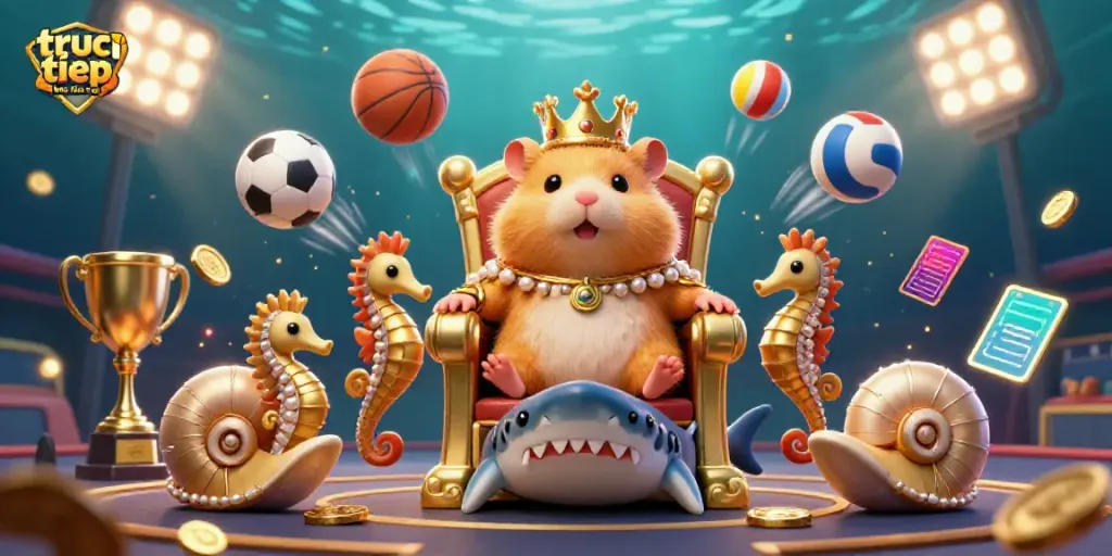 Experience truc tiep keo nha cai with a dynamic illustration of a golden hamster king on a megalodon throne amidst sports betting excitement.