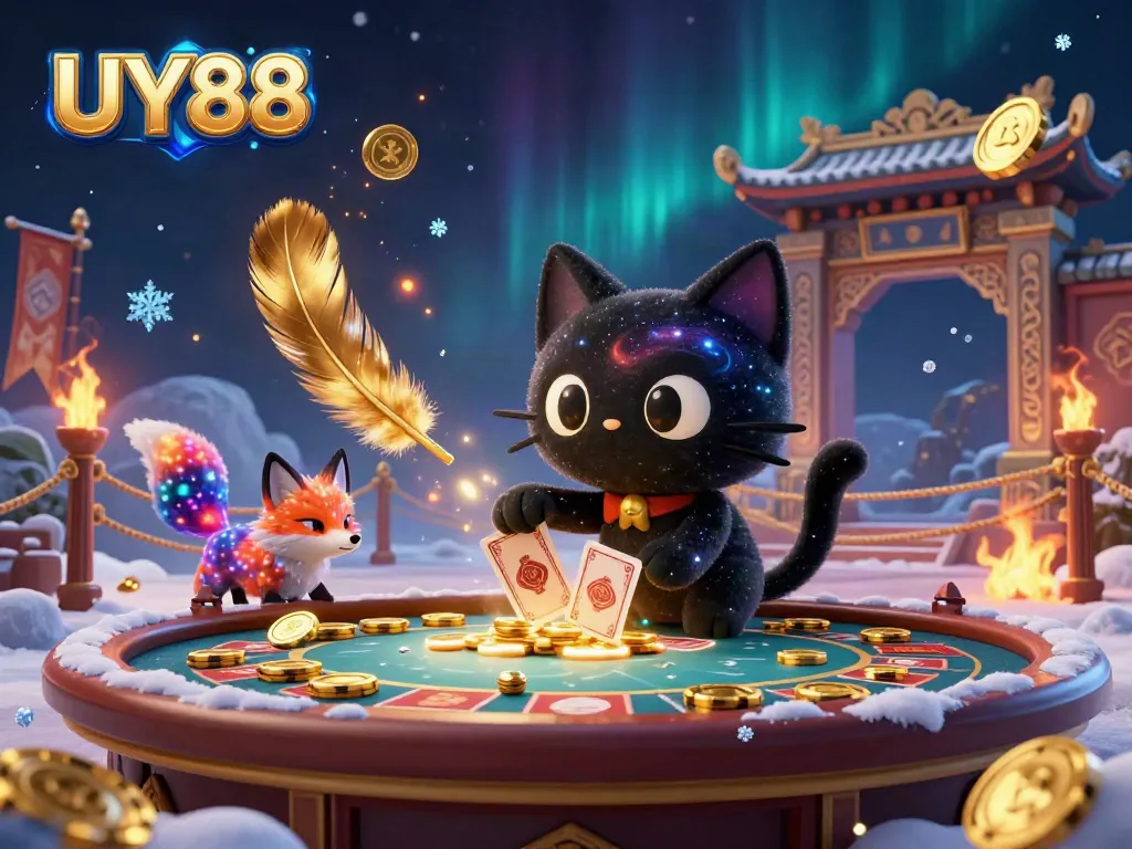 Experience the thrilling excitement of UY88 casino gameplay with a cosmic cat and colorful fox in a vibrant setting.