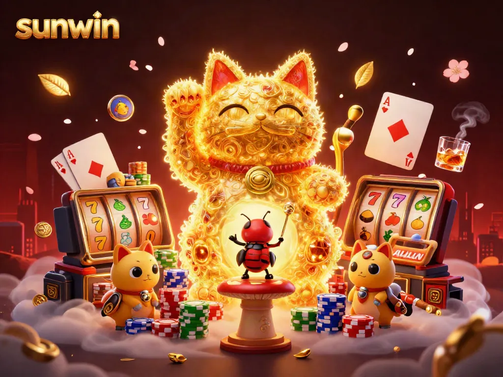 Experience sunwin’s vibrant casino landscape, featuring a golden lucky cat and colorful slot symbols.