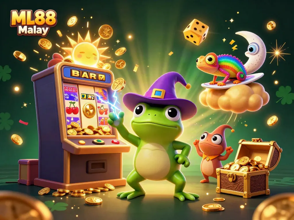 ML88 Malay showcases a vivid storm of gold coins amidst vibrant casino elements and characters.