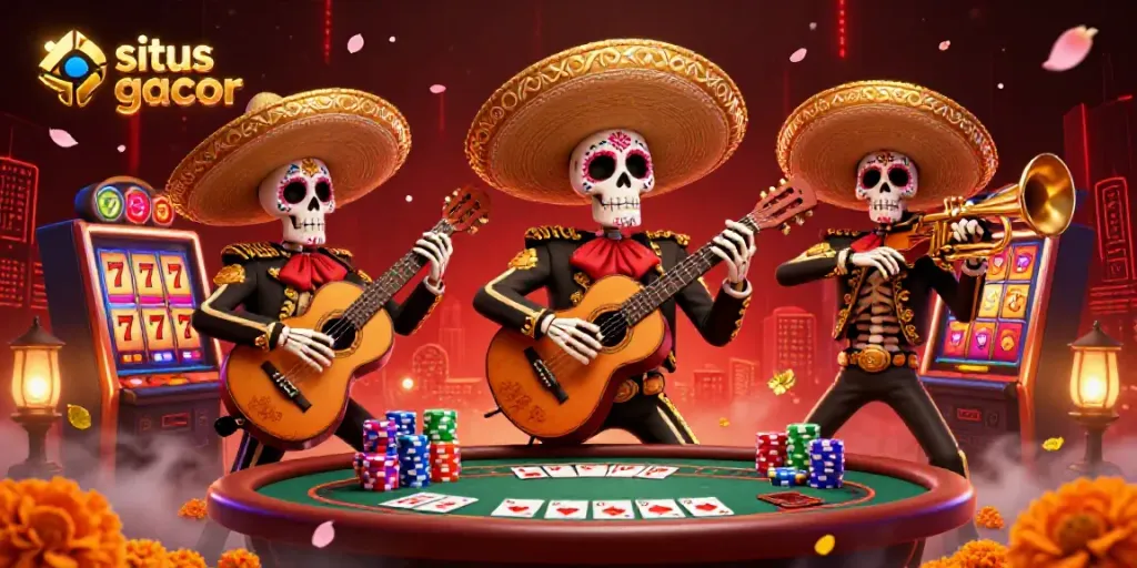 Engage with situs slot gacor through this colorful 3D mariachi band illustration amidst vibrant casino elements.