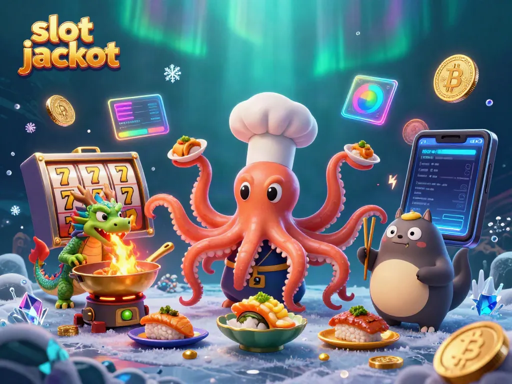 Memenangkan slot jackpot di kasino dengan suasana memikat dan karakter unik, termasuk chef sushi dan naga.