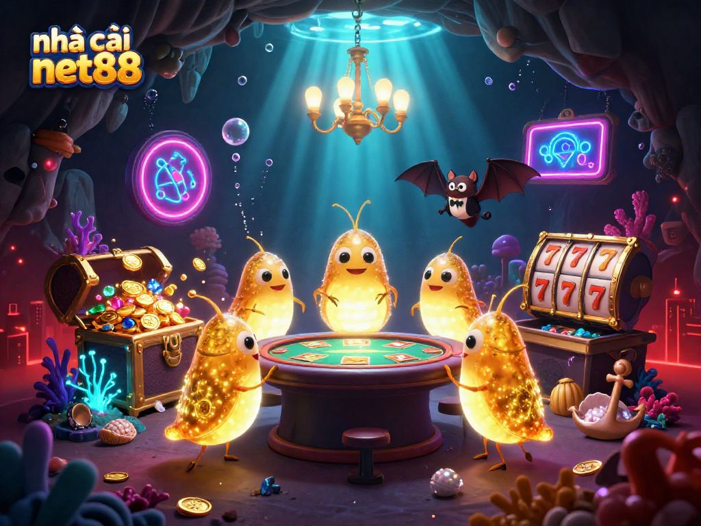 Experience the vibrant cave casino designed for nhà cái net88, illuminated by glowworms and dynamic game elements.