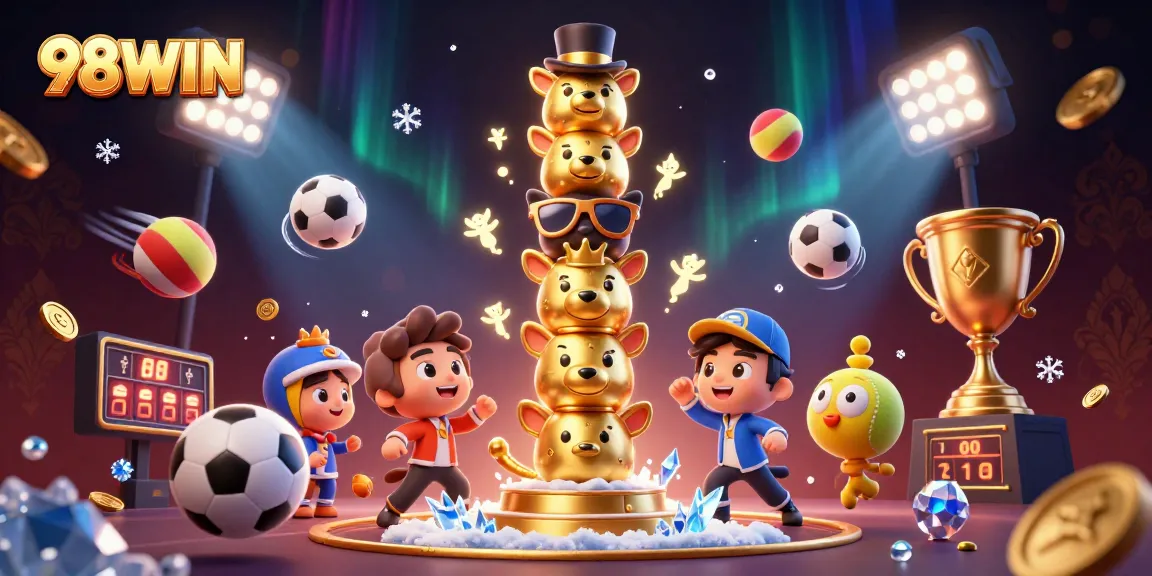 Engage with 98WIN's vibrant casino spirit, showcasing animated characters and dynamic sports elements.
