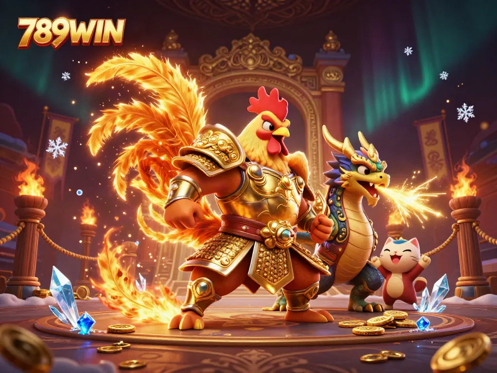 Experience thrilling 789WIN action with a courageous rooster battling alongside a fierce dragon in an exciting casino arena.