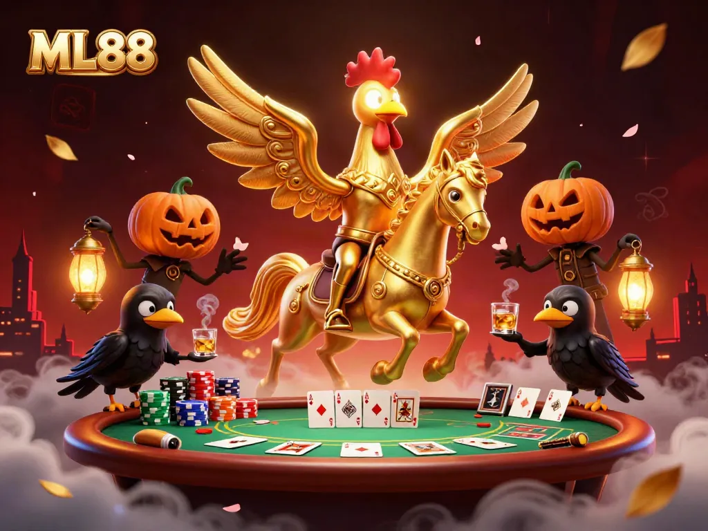 Engage in exhilarating gameplay at ML88, as a golden rooster rides through a vibrant casino atmosphere.