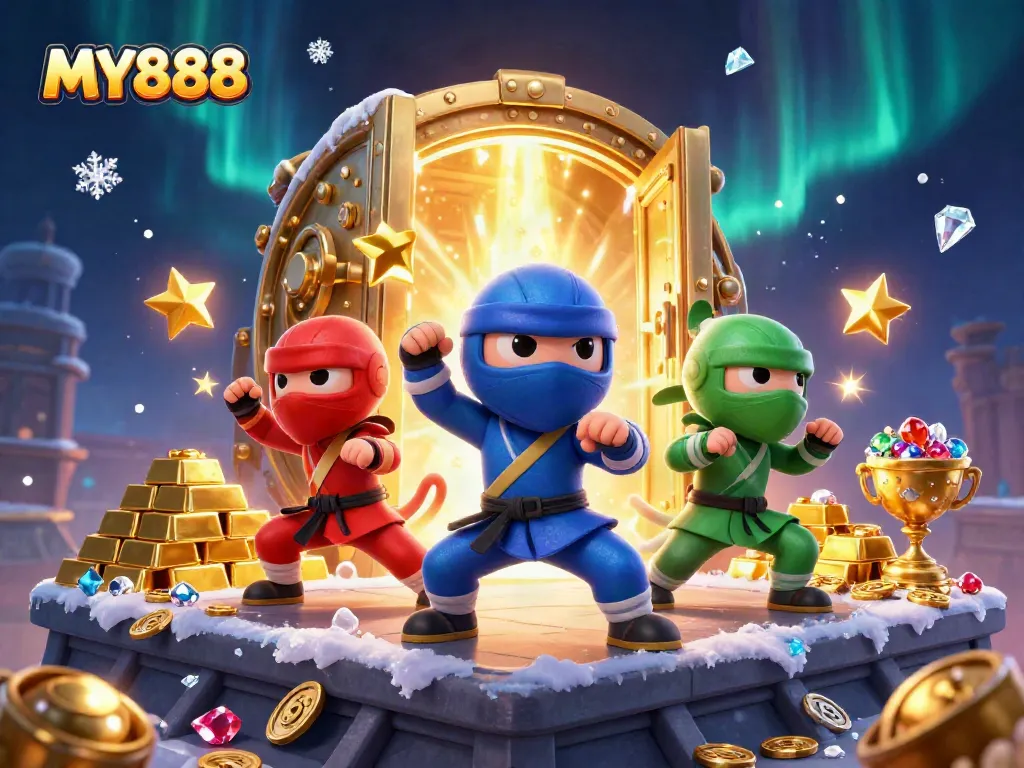 MY888 showcases chameleon ninjas in action, celebrating dynamic casino victories with gold and treasures