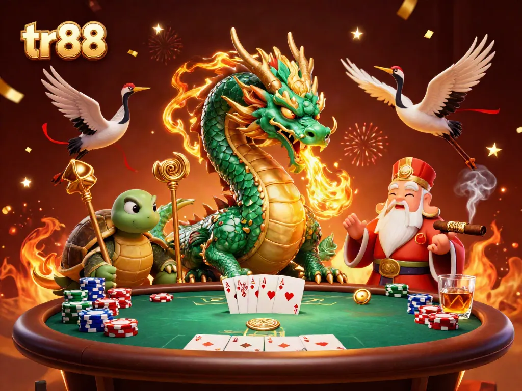 Engage with tr88 while enjoying a vibrant casino scene featuring lucky characters and elements.