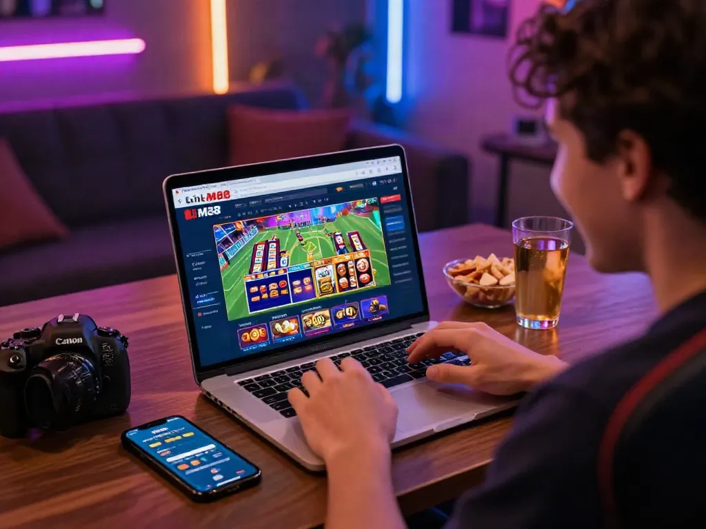 Engaging user exploring Link M88 platform in a vibrant online casino setting