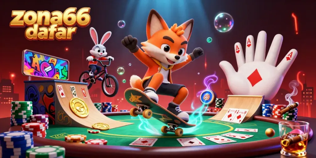 ZONA66 daftar dengan fox skateboarder dan kelinci BMX beraksi di kasino, dikelilingi poker chip warna-warni.