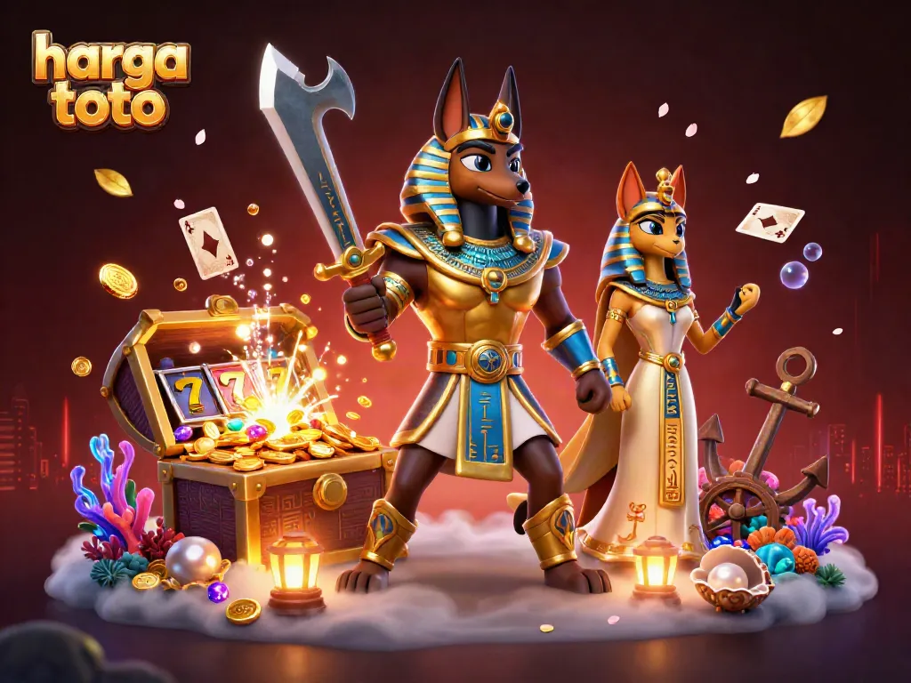 Experience the excitement of harga toto slots with Anubis and Bastet in a vibrant 3D casino scene.